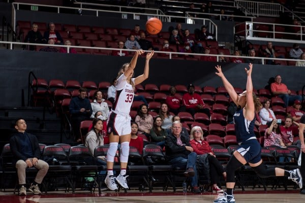 A basketball player takes a shot