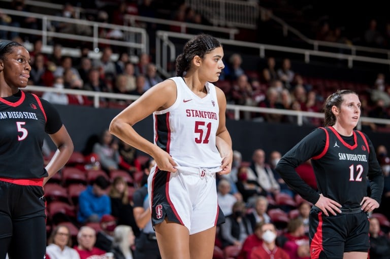 Lauren Betts stands on court during a game against San Diego State