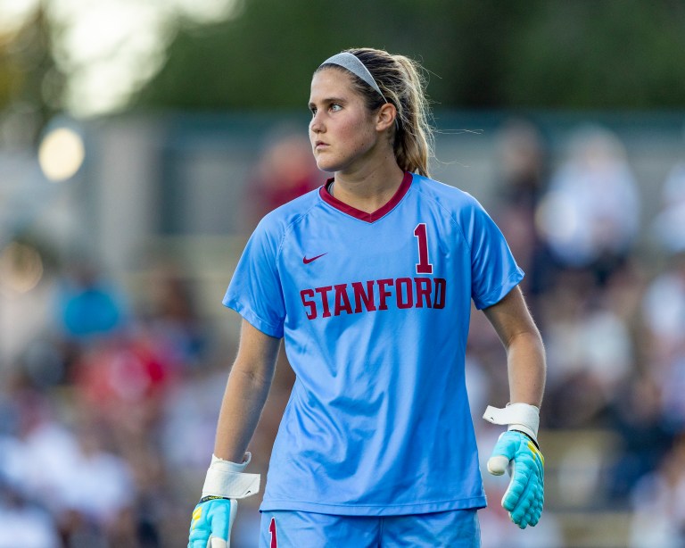 A goalkeeper looks away