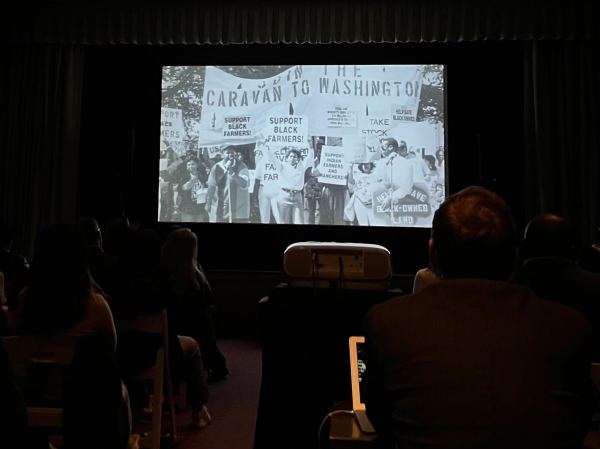 A dark room in which the audience look at a black-and-white screen.