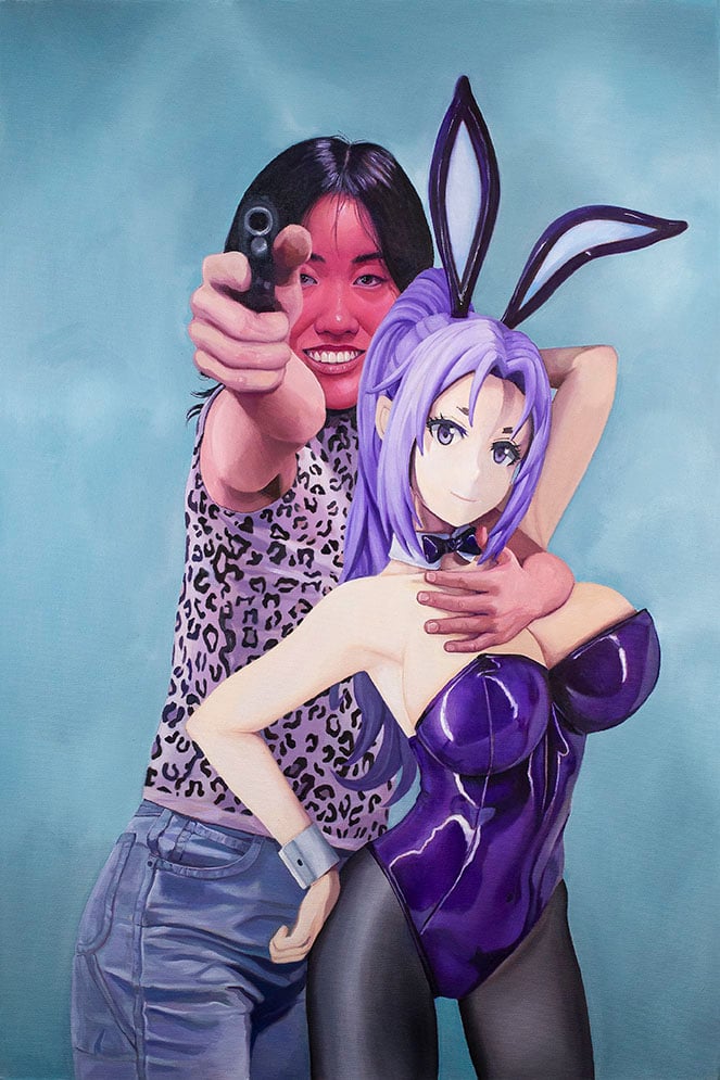 Oil painting of a woman wrapping one arm around an anime girl with her other arm pointing a pistol at the viewer of the image