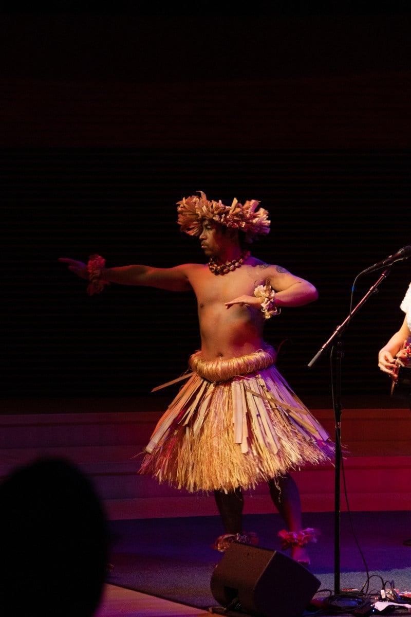 Norm Munoz dances in a traditional Hawaiian outfit