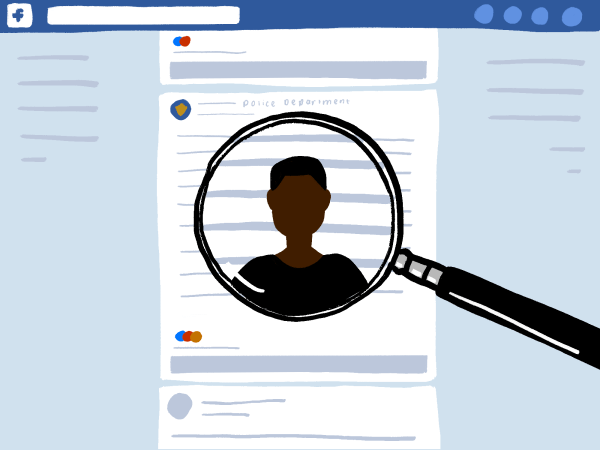 A graphic representation of a Facebook feed is seen, overlaid with a magnifying glass and silhouette of a Black person within.