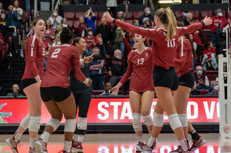 Players celebrate in a circle following a point.