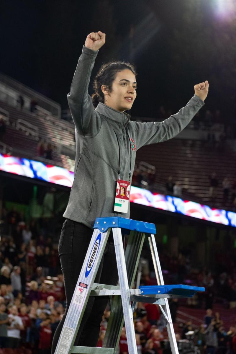 a person with light skin and long dark hair stands atop a ladder with their arms raised above their head