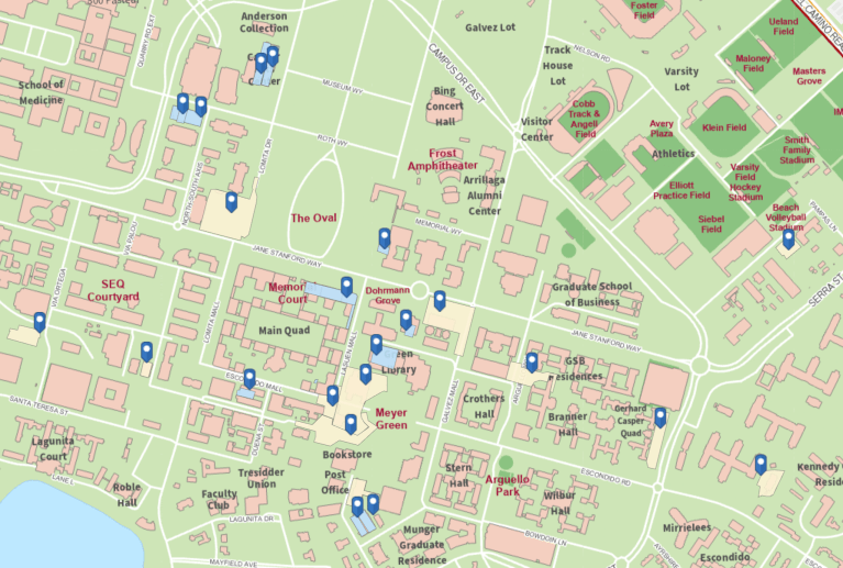 A map of Stanford's campus with constructions locations marked with waypoints