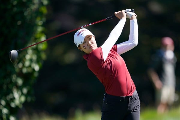 Sophomore Rose Zhang driving the ball during a fall match between Cal and Stanford.