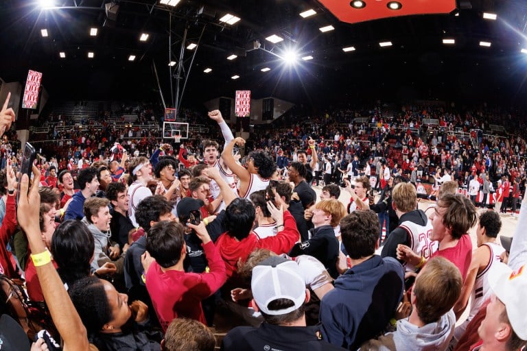 A group of people chear in a basketball stadium.