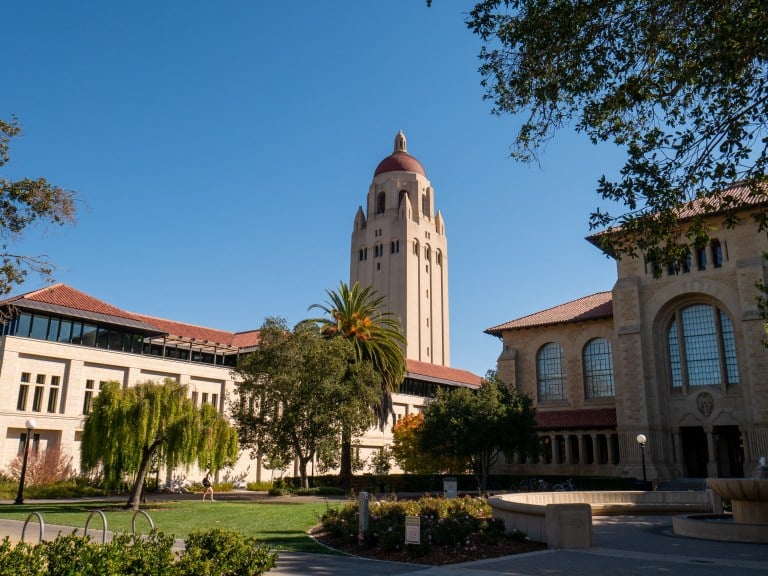 Bing Wing (West) entrance of Green Library, looking towards Hoover Tower.