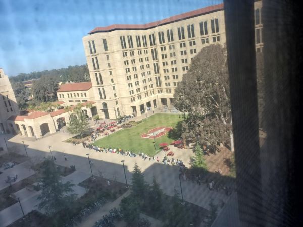 view through a window of an apartment complext of a courtyard containing a snaking line of approx. 100 people.