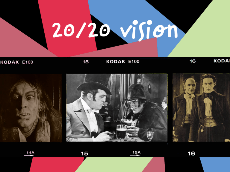 Stills from the the film "Dr. Jekyll and Mr. Hyde" on a film reel, with the text "20/20 vision" above the images.