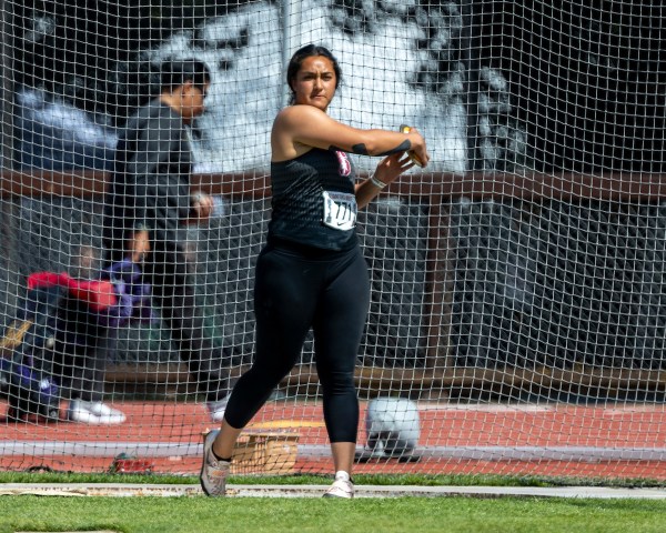 A person stands with their arm back on a field.