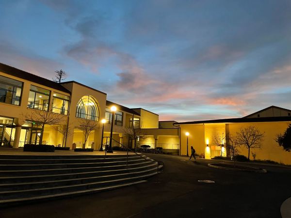 A photo of Braun Rehearsal Hall at dusk