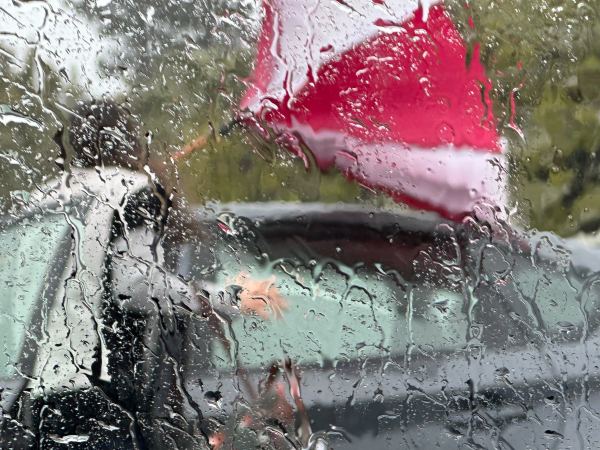 A person loses control of their umbrella in high winds and heavy rain