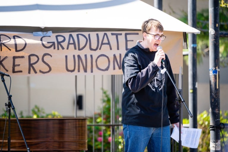 Speaker at Stanford Graduate Workers Union rally.