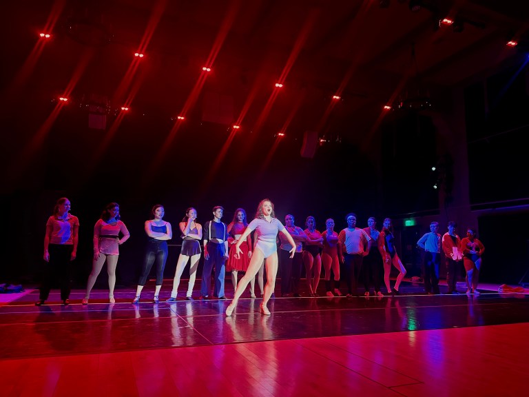 The cast of "A Chorus Line" dances on stage during their last performance of the show.