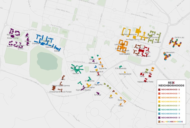 A map with color coded buildings showing how the different neighborhoods are made up.