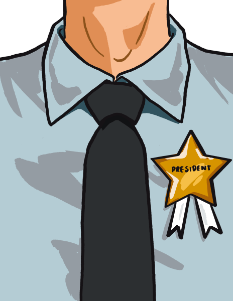 Person in a dress shirt and tie stands with a star labeled "president" on their chest (illustration)