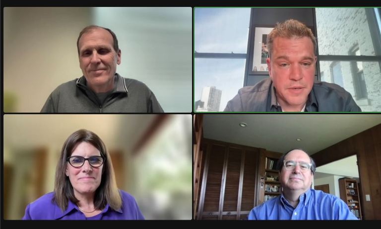 From top left rotating clockwise on a Zoom webinar: Gary White, Matt Damon, Gordon Bloom and Sara Singer