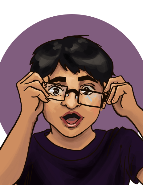 A young man putting eyeglasses on his face over a purple background