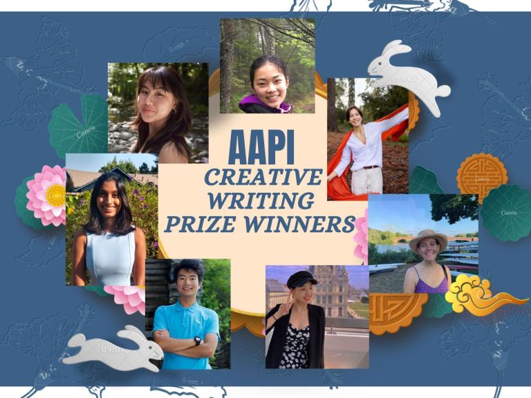 Photos of students around "AAPI Creative Writing Prize Winners."