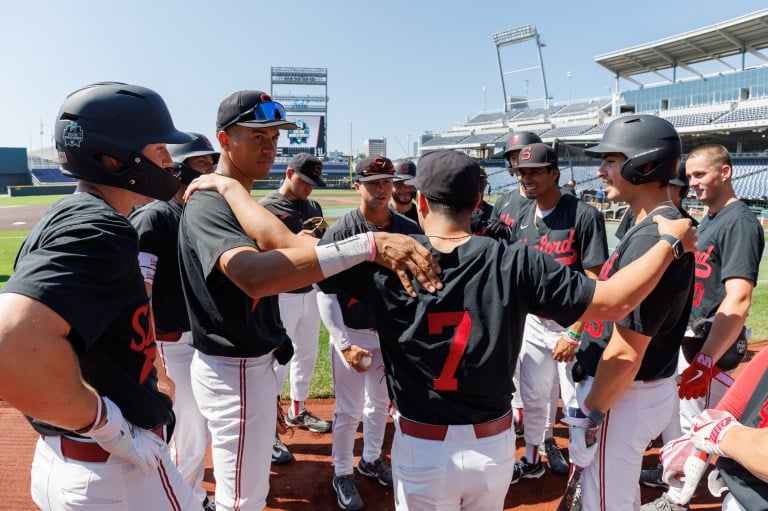 OMAHA, NE - JUNE 19: Drew Bowser, Andre Mercurio, Jimmy Nati, Temo Becerra and Tommy Troy before an NCAA Men's College World Series game between Tennessee and Stanford Baseball at Charles Schwab Field on June 19, 2023 in Omaha, Nebraska.