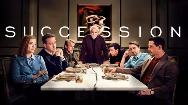 A graphic of the characters of "Succession" sitting at a table.