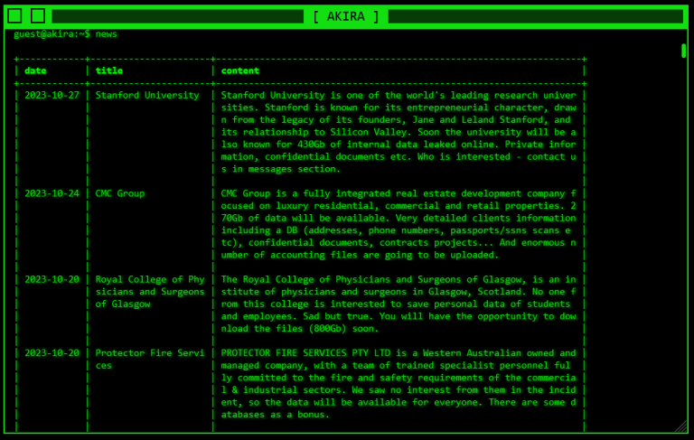 A screenshot from the Akira website that reads, "Stanford University is one of the world's leading research universities. Stanford is known for its entrepreneurial character, drawn from the legacy of its founders, Jane and Leland Stanford, and its relationship to Silicon Valley. Soon the university will be also known for 430Gb of internal data leaked online. Private information, confidential documents etc. Who is interested - contact us in messages section."