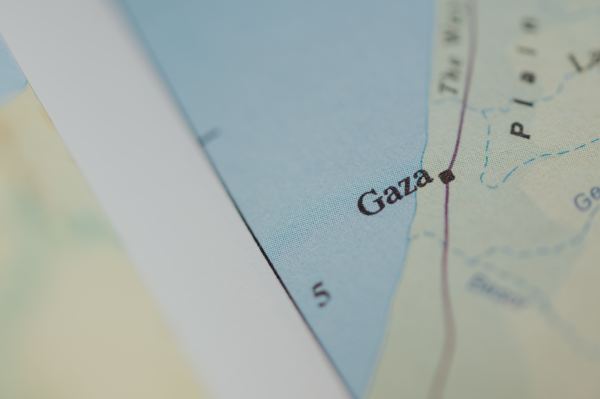 A map zoomed into a point that reads Gaza.