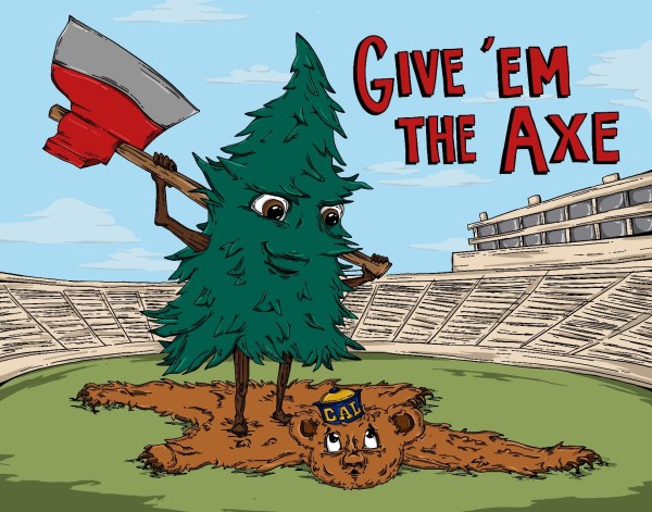 A drawing of the Stanford tree holding an axe while standing on the Cal mascot, Oski. Oski is a bear skin rug.