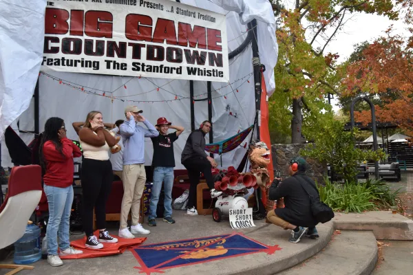 The Axe Committee sets up camp in White Plaza and blows The Stanford Whistle every hour leading up to big game. (Photo: DAVITA WRONE/The Stanford Daily)