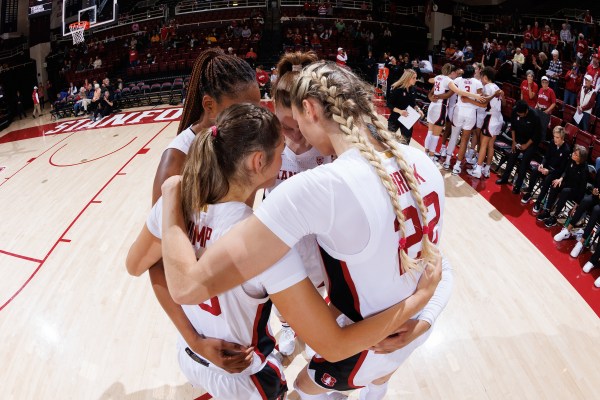 Talana Lepolo, Cameron Brink, Hannah Jump, Kiki Iriafen, and Elena Bosgana before a game between Dominican University and Stanford Women's Basketball at Maples. (Photo: BOB DREBIN/ISI Photos)