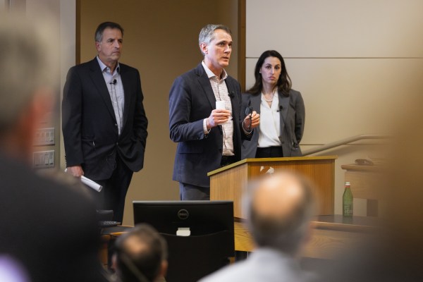 Dean of research David Studdert, senior associate vice provost for research George Triantis and senior director of research security Jessa Albertson present on undue foreign influence on research. (Courtesy of Andrew Brodhead)