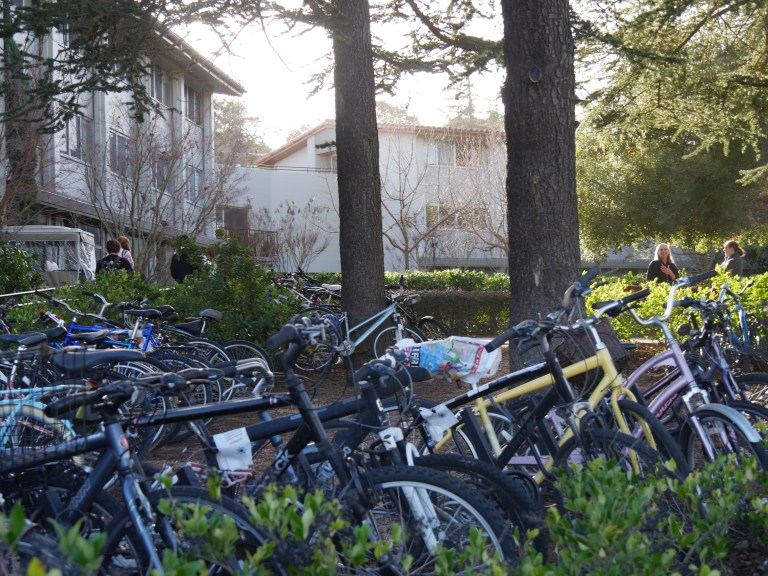 A bike rack outside of Florence Moore Hall.