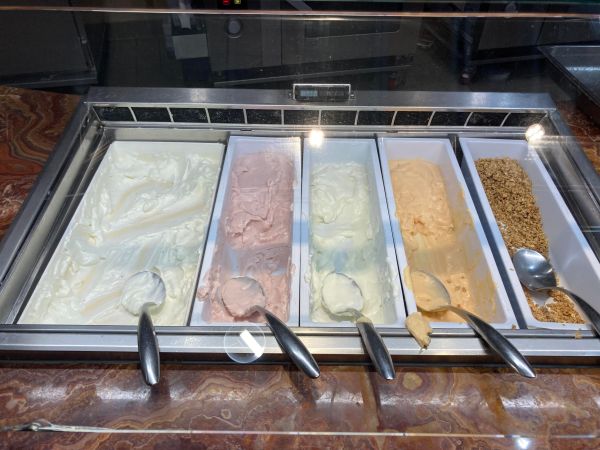 An array of different colored yogurts at the dining hall.