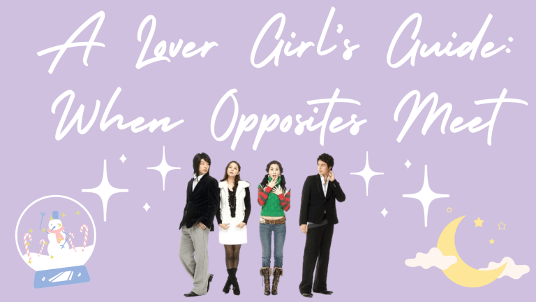 Four people standing in front of a purple background and a temple with title "a lover girl's guide: when opposites meet"