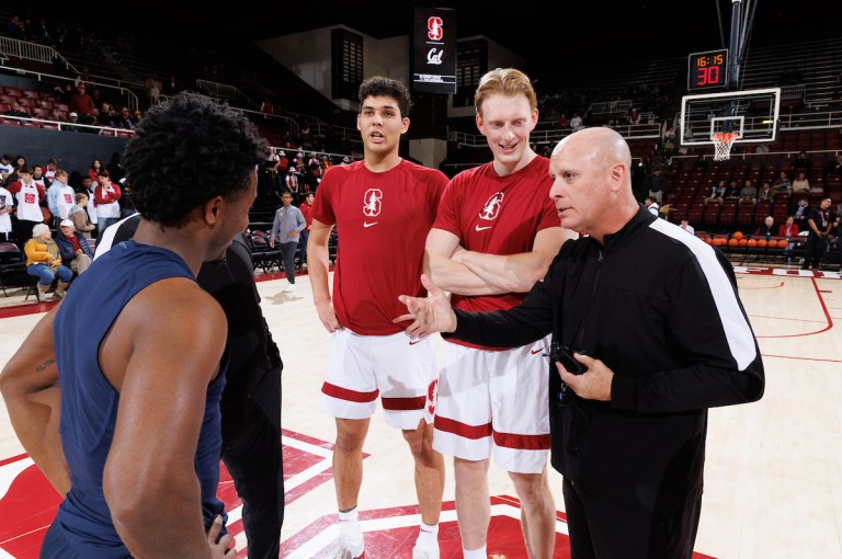 Brandon Angel and James Keefe before a game against UC Berkeley