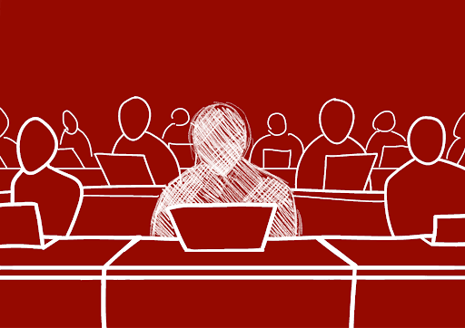 Graphic of outlines of students sitting at desks on a red background.