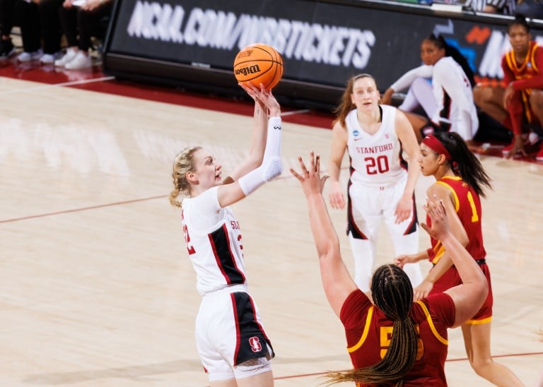 Cameron Brink shoots shot over Iowa State basketball player