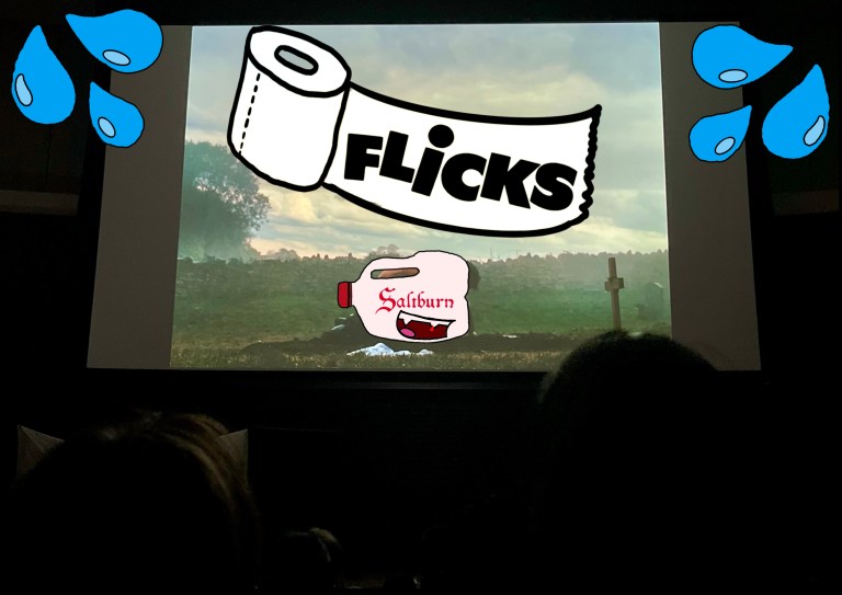 Scene from the flicks screening of Saltburn with drawings of milk jug, toilet paper and water squirts added.