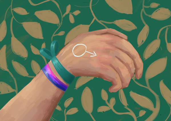 Graphic of a hand with the male symbol with the bi flag as a wristband and a teal ribbon tied around the wrist. Set against a green background with leaves.