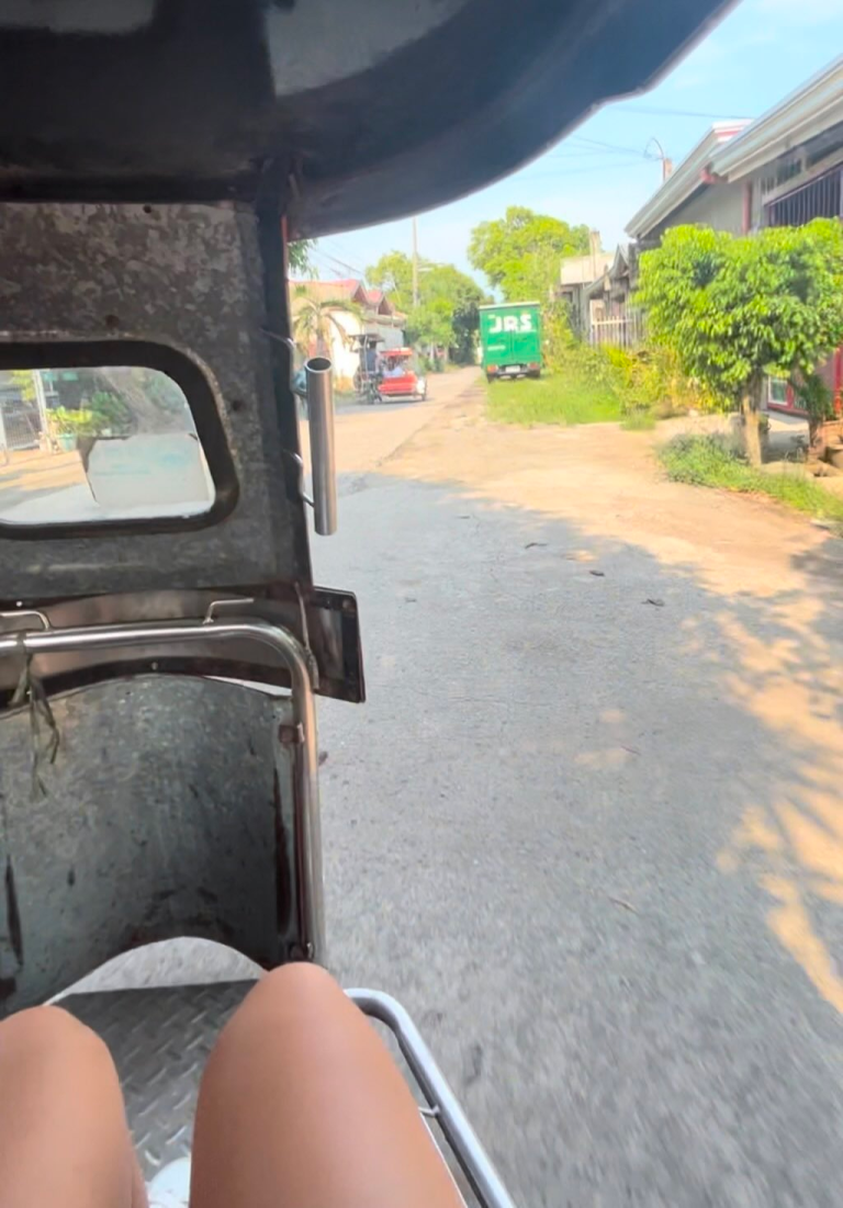 Photo of the road from the passenger seta of a open vehicle / cart.