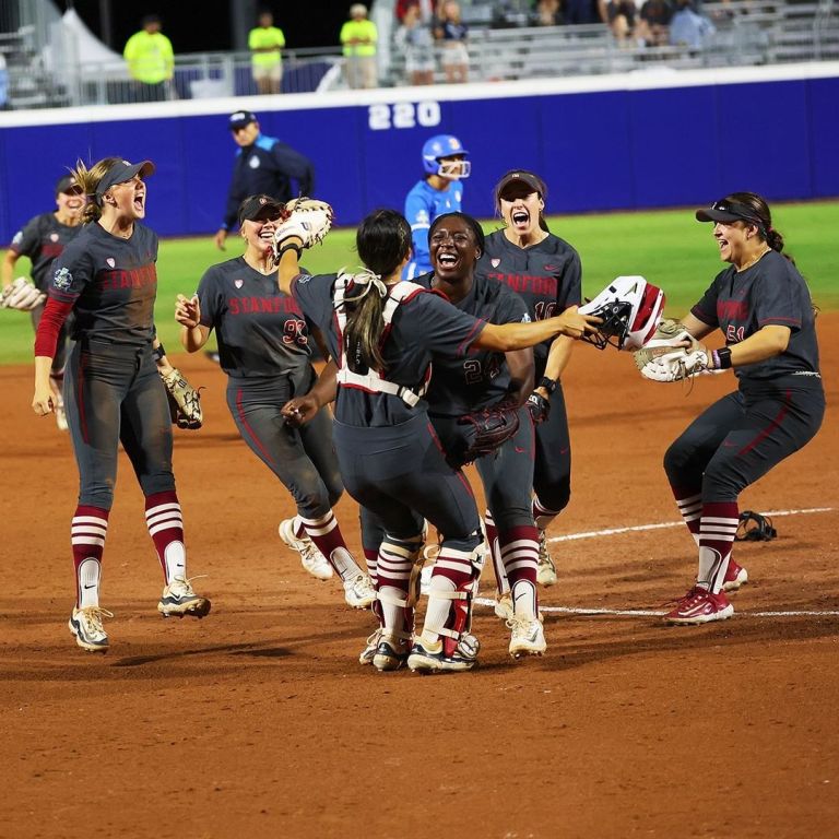 Stanford softball celebrating in 2024 WCWS.