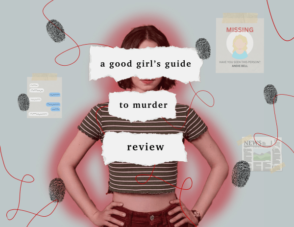 A graphic displaying Emma Myers from "A Good Girl's Guide to Murder" with the TV show's title written across the image. Red string, notes, and fingerprints can be seen in the background.