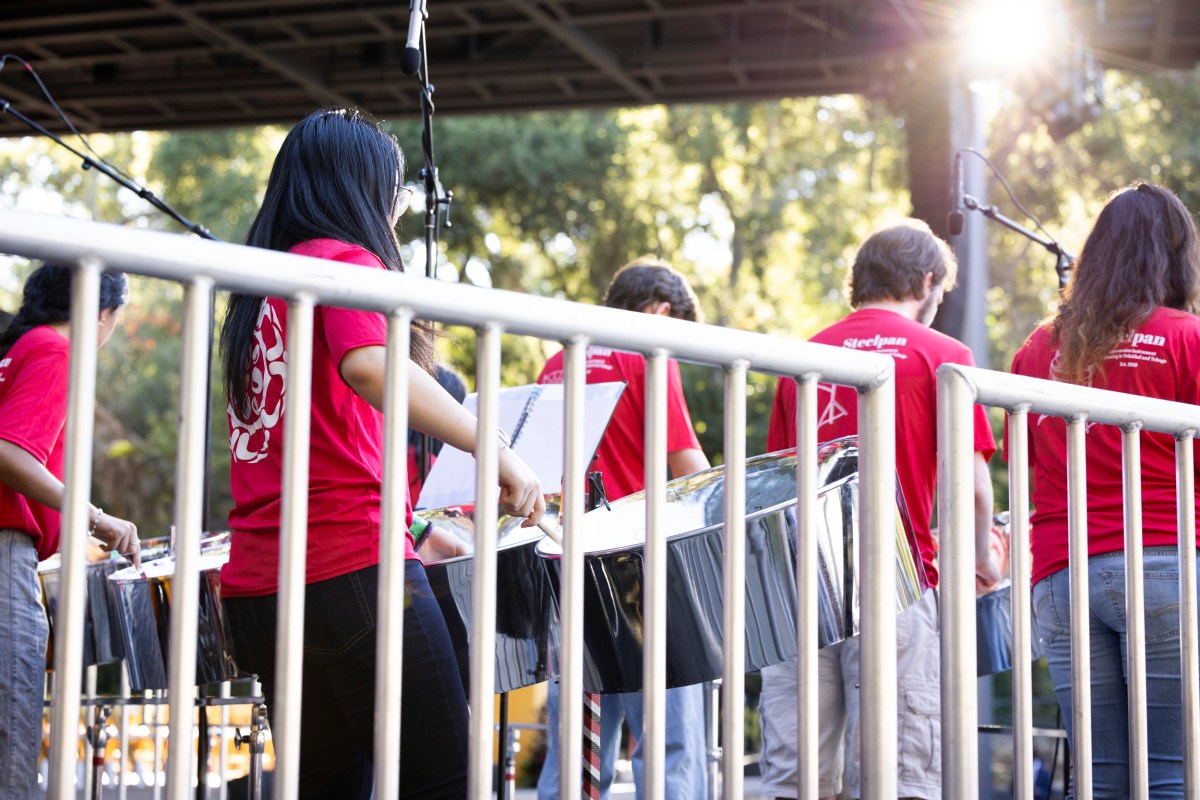 A steelpan ensemble playing.