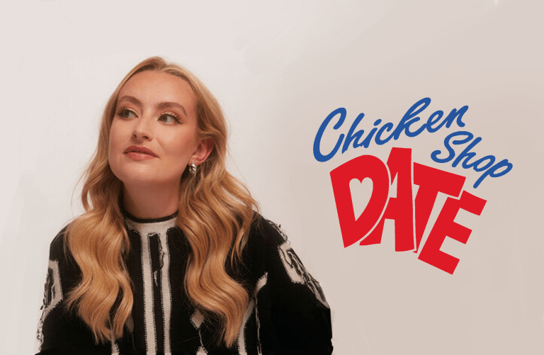 Graphic with the logo of "Chicken Shop Date" alongside a photo of the host, Amelia Dimoldenberg