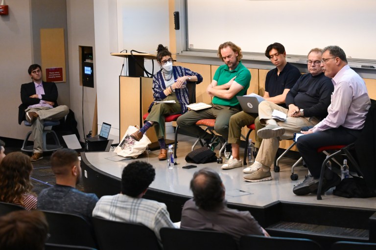 Alexander Key, Natalie Jabbar, Larry Diamond, and Jeffrey Koseff speak as part of a panel on the committees on Islamophobia and antisemitism. The event was moderated by YuQing Jiang.