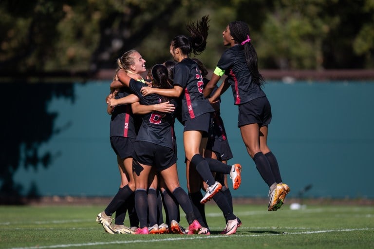 Soccer players celebrate after goal scored