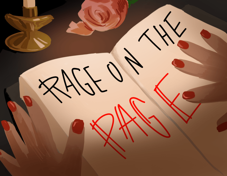 Two hands hold open a book with the words "Rage on the Page" sprawled in it in black and red.