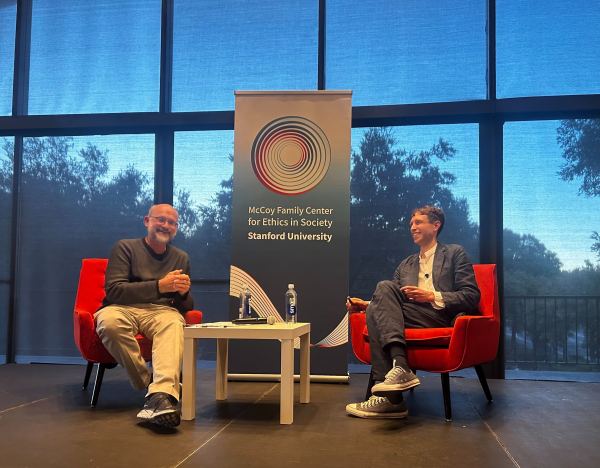 Philosophers Joshua Cohen (left) and Daniel Chandler (right) discuss Chandler's recent book release, Free and Equal: A Manifesto for a Just Society.